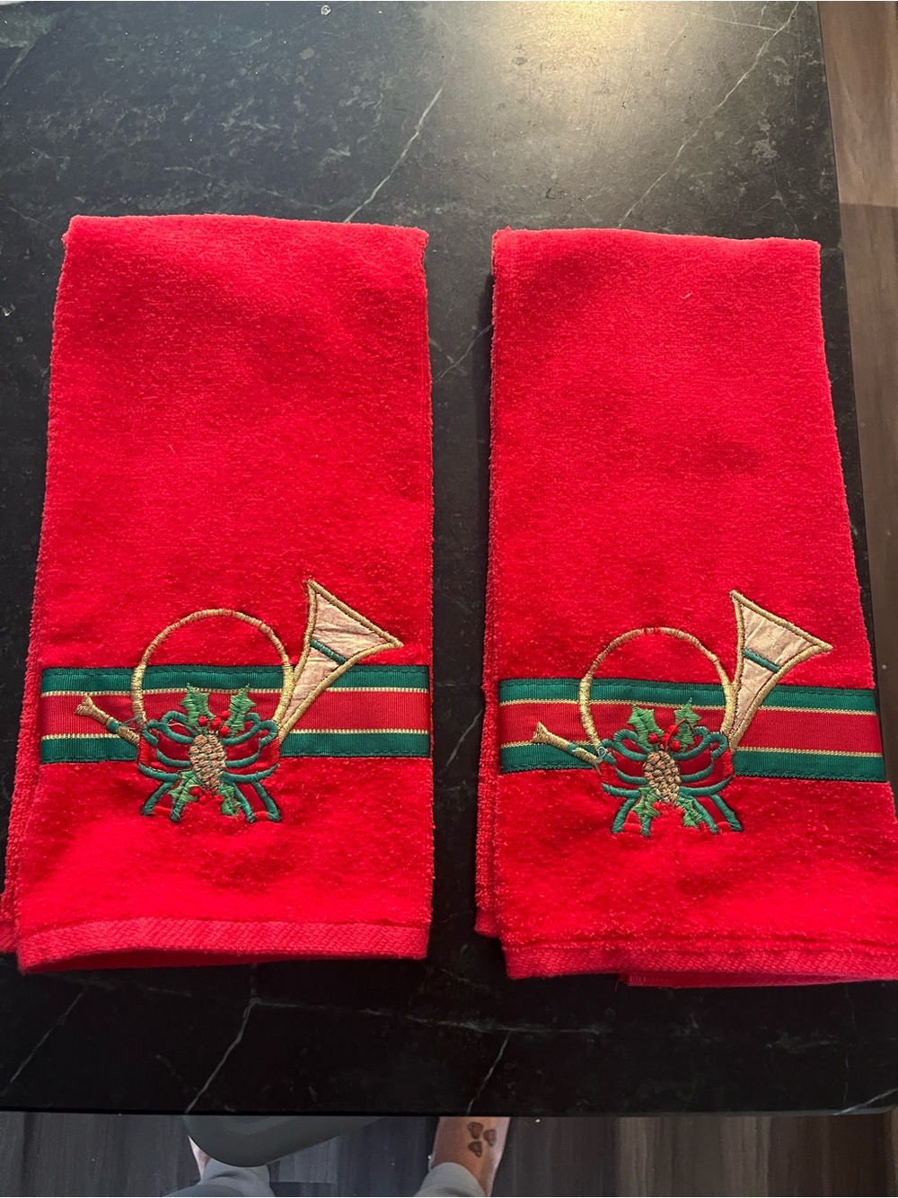 Vintage Jillian Rose Christmas Hand Towels Set 2 French Horn Holly Embroidered
